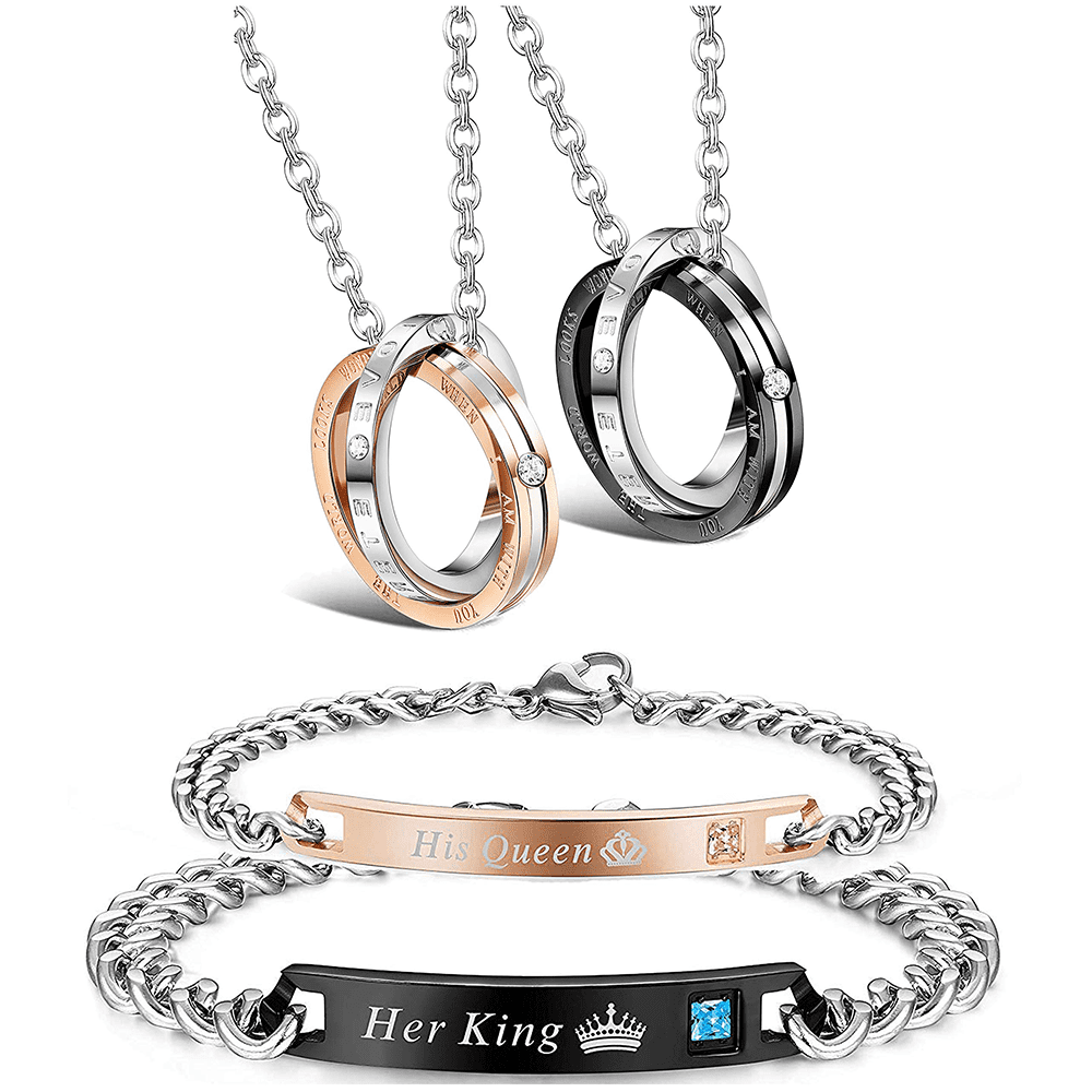 Jstyle Couple Pendant Necklace Gift for Men Women His & Hers Matching Jewelry Stainless Steel Distance Bracelets Chain Lover Gift