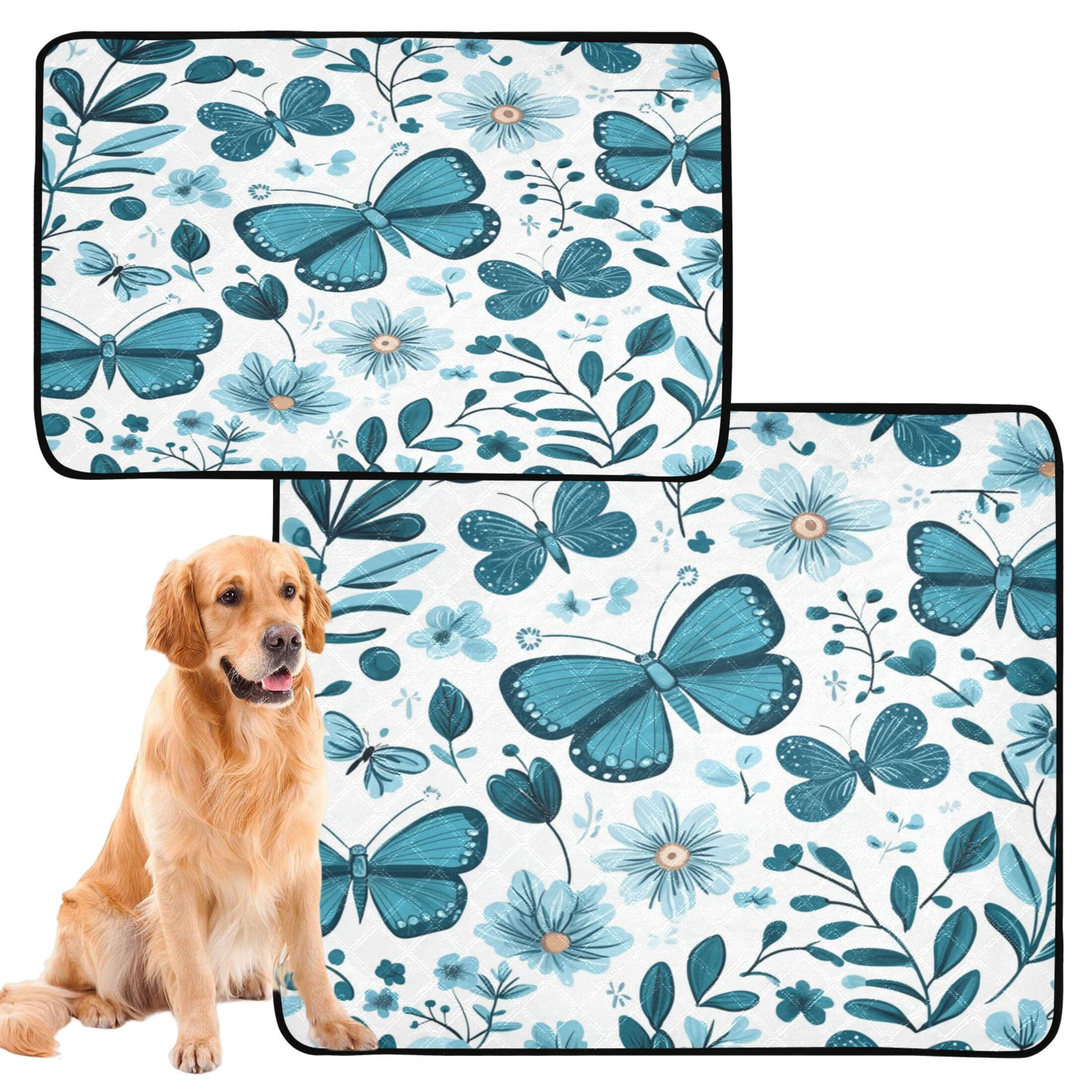 Qxltty Light Blue Butterflies Flowers and Leaves Cat litter Pads Pet Set of 3 Diaper Mats Center Anti-leakage Layer Absorbent Soft and Comfortable