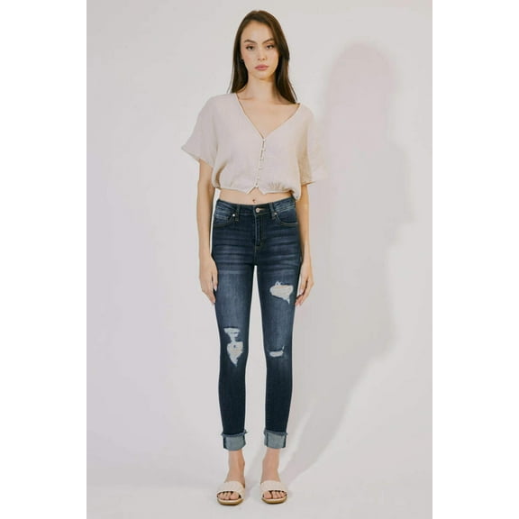 Kancan - Women's High Rise Distressed Cuffed Ankle Skinny Jeans - KC7299