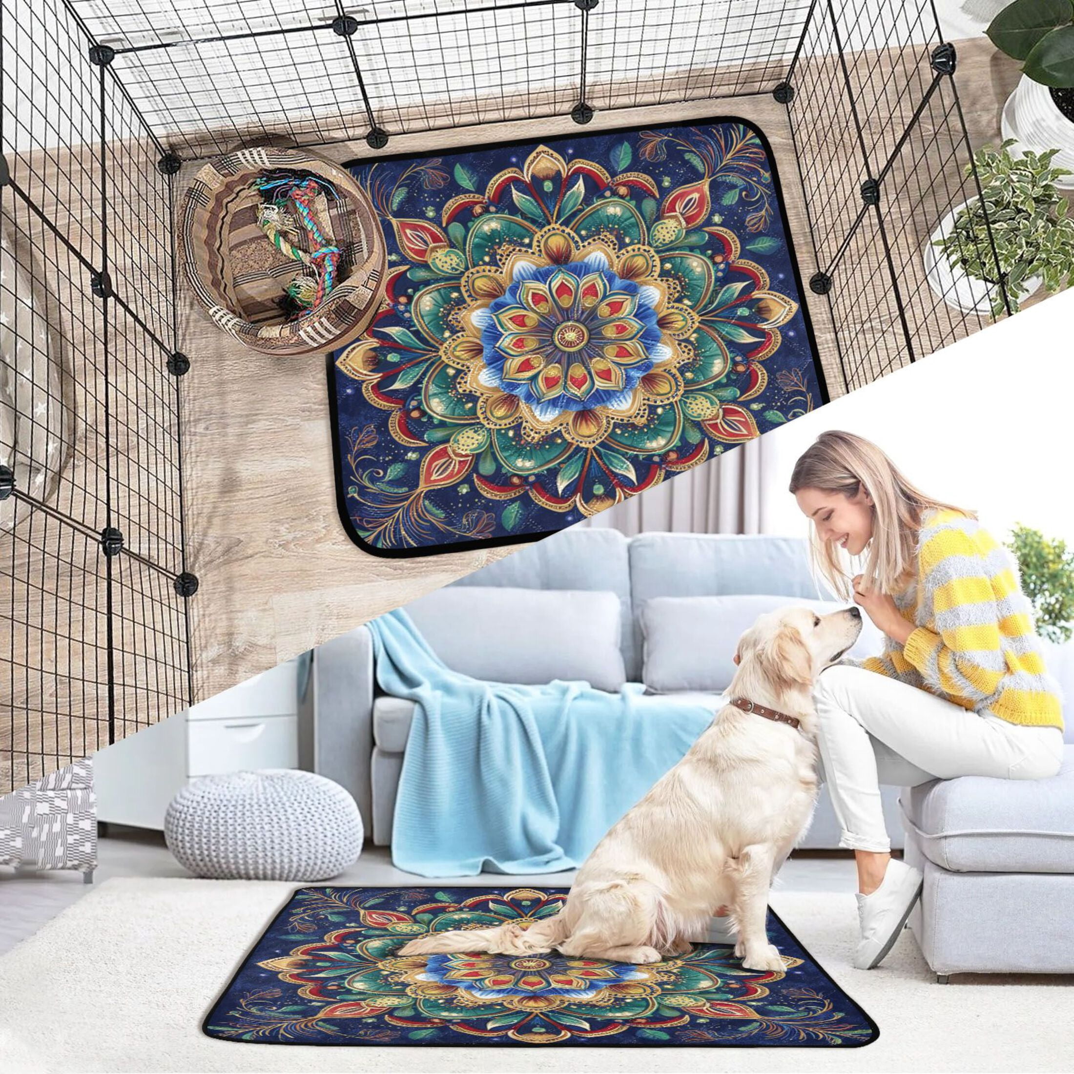 Washable Pet Pee Pads with Super Absorbent Reusable Training Pads for Dogs & Cats Vibrant Mandala Pattern
