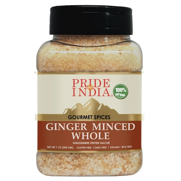 Pride of India – Ginger Minced Whole – Gourmet Spice – Rich in Antioxidant – Potent Flavor - Great for Adding Flavor to Stir Fries & Sauces – Easy to Store – 7 oz. Medium Dual Sifter Jar