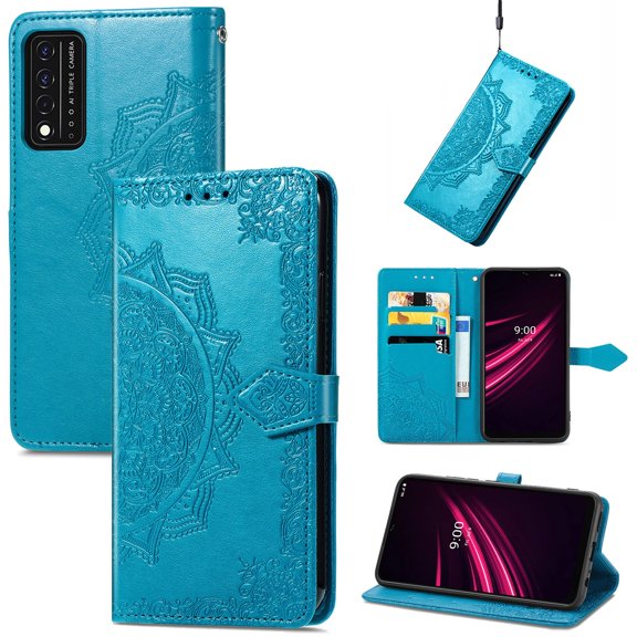 SaniMore for T-Mobile REVVL V 5G 6.8" Wallet Case with Embossed Mandala PU Leather Flip Protection Wrist Strap Credit Card Holder Kickstand Shockproof Case for T-Mobile REVVL V 5G, Blue