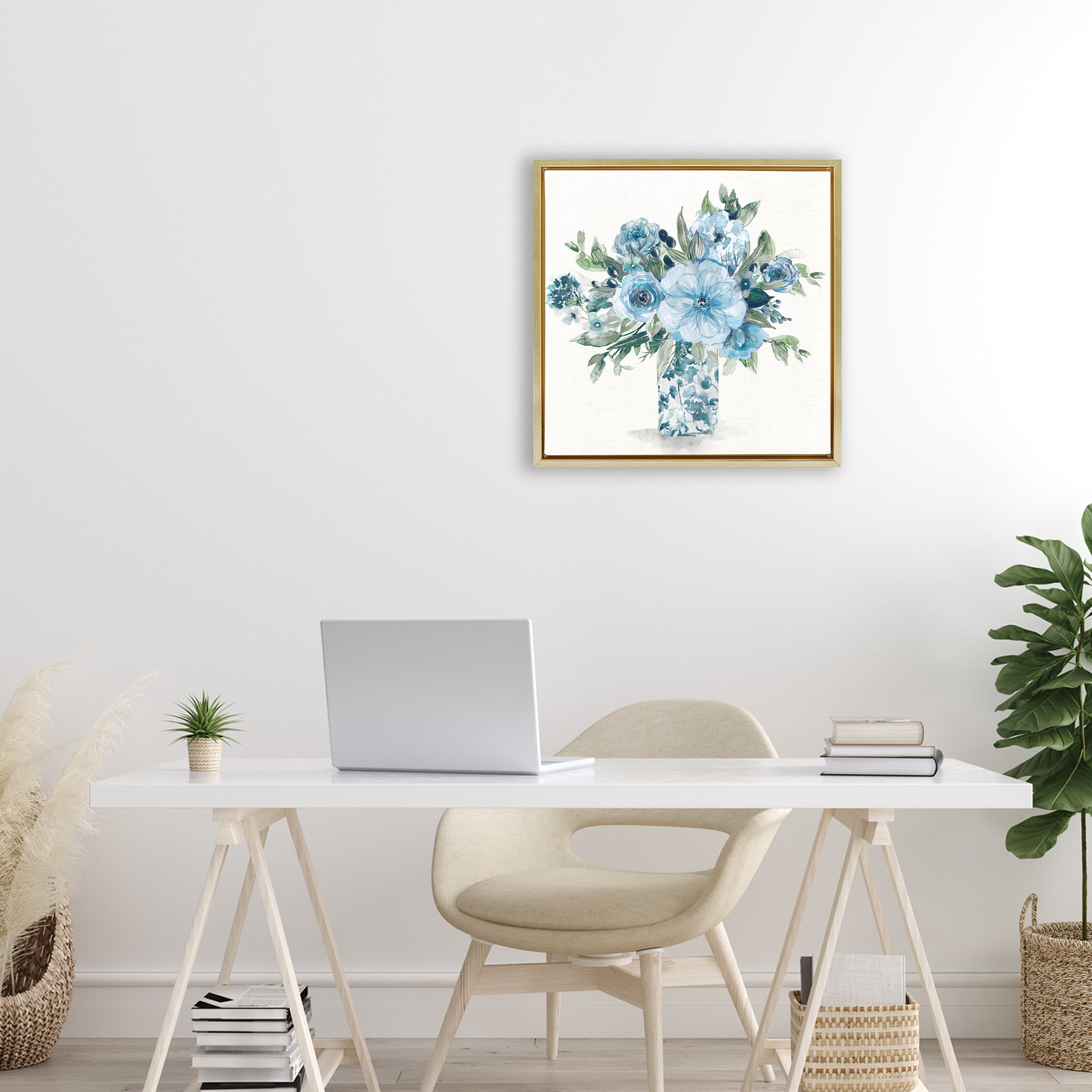Stupell Industries Pastel Blue Bouquet Foliage Gold Framed Floater Canvas Wall Art, design by Carol Robinson
