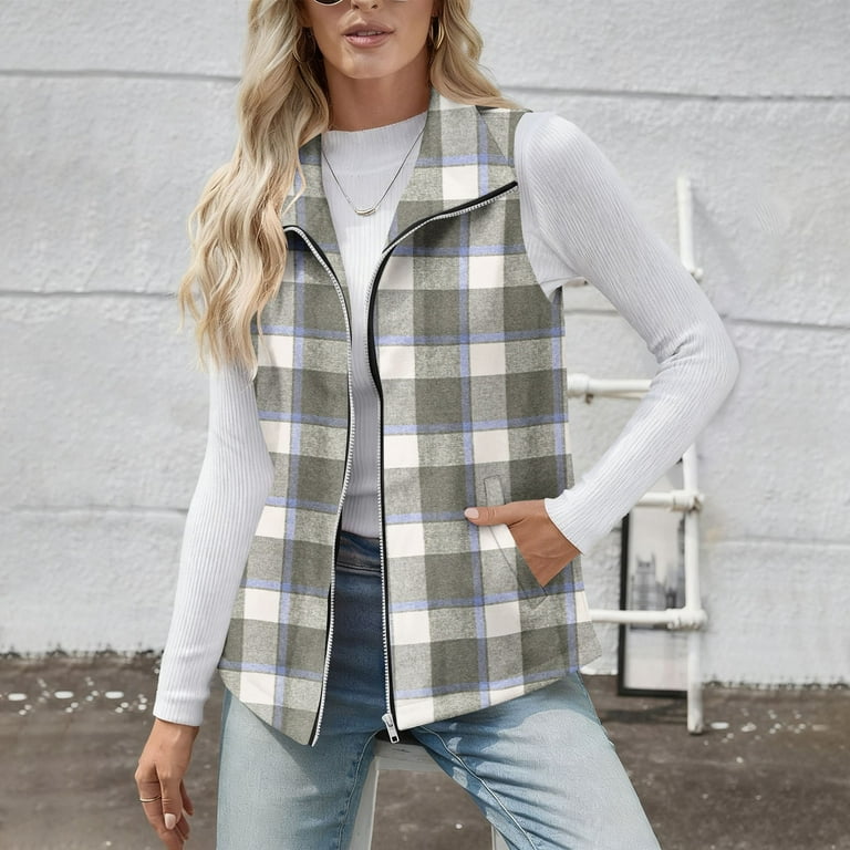 Hfnxid Womens Plaid Vest Zip Up Sleeveless Shirt Jacket Stand
