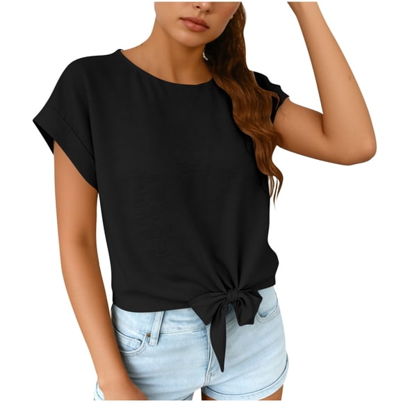 Ymauqau T Shirts for Women Rolled Short Sleeve Crew Neck Tie Knot Front Crop Tops Trendy Casual Tees Loose Fit Blouses