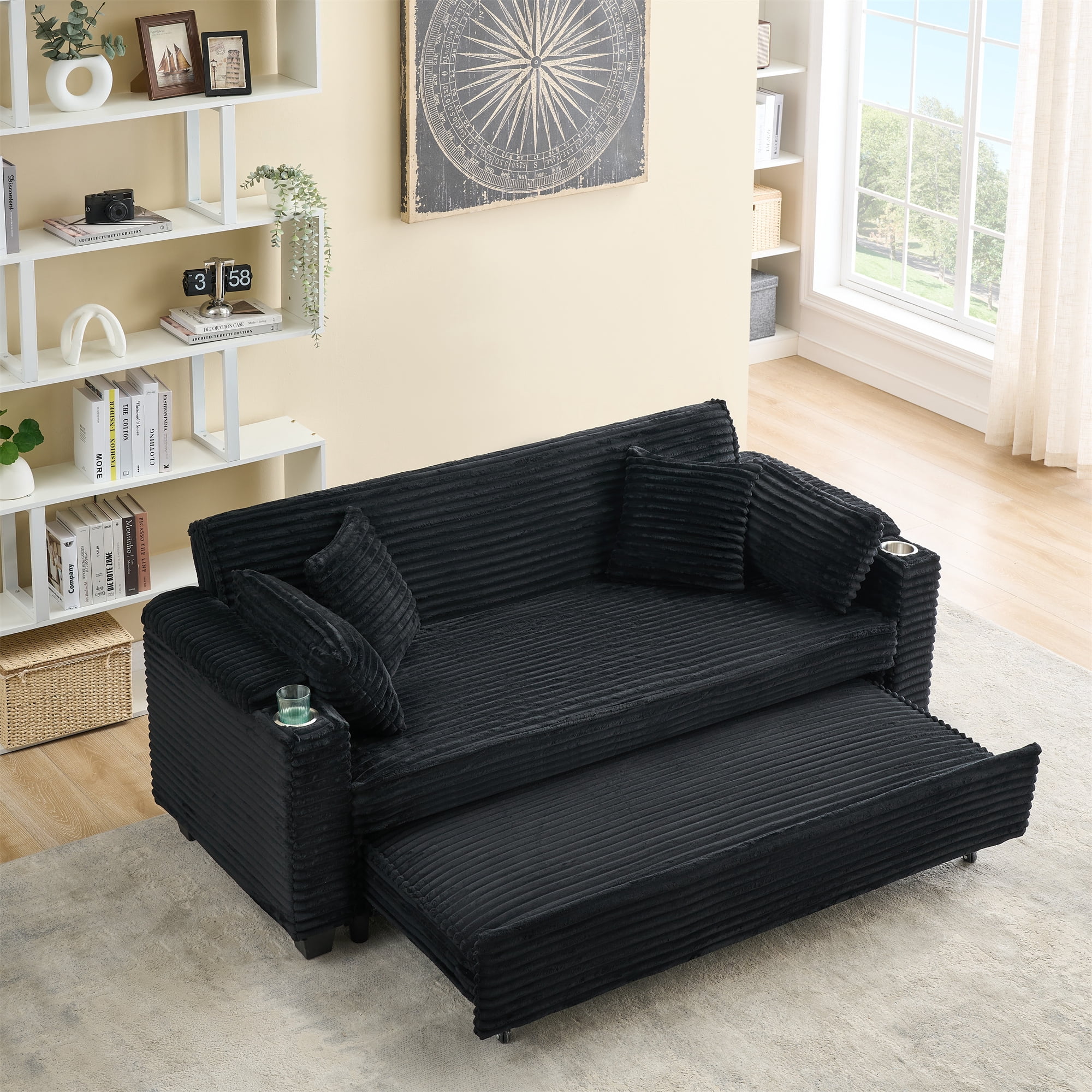 Aukfa 80" Comfy 3 Seat Sofa Convertible Sleeper Sofa Bed with Storage Armrest& Cup Holders for Living Room, 4 Pillows, Corduroy, Black