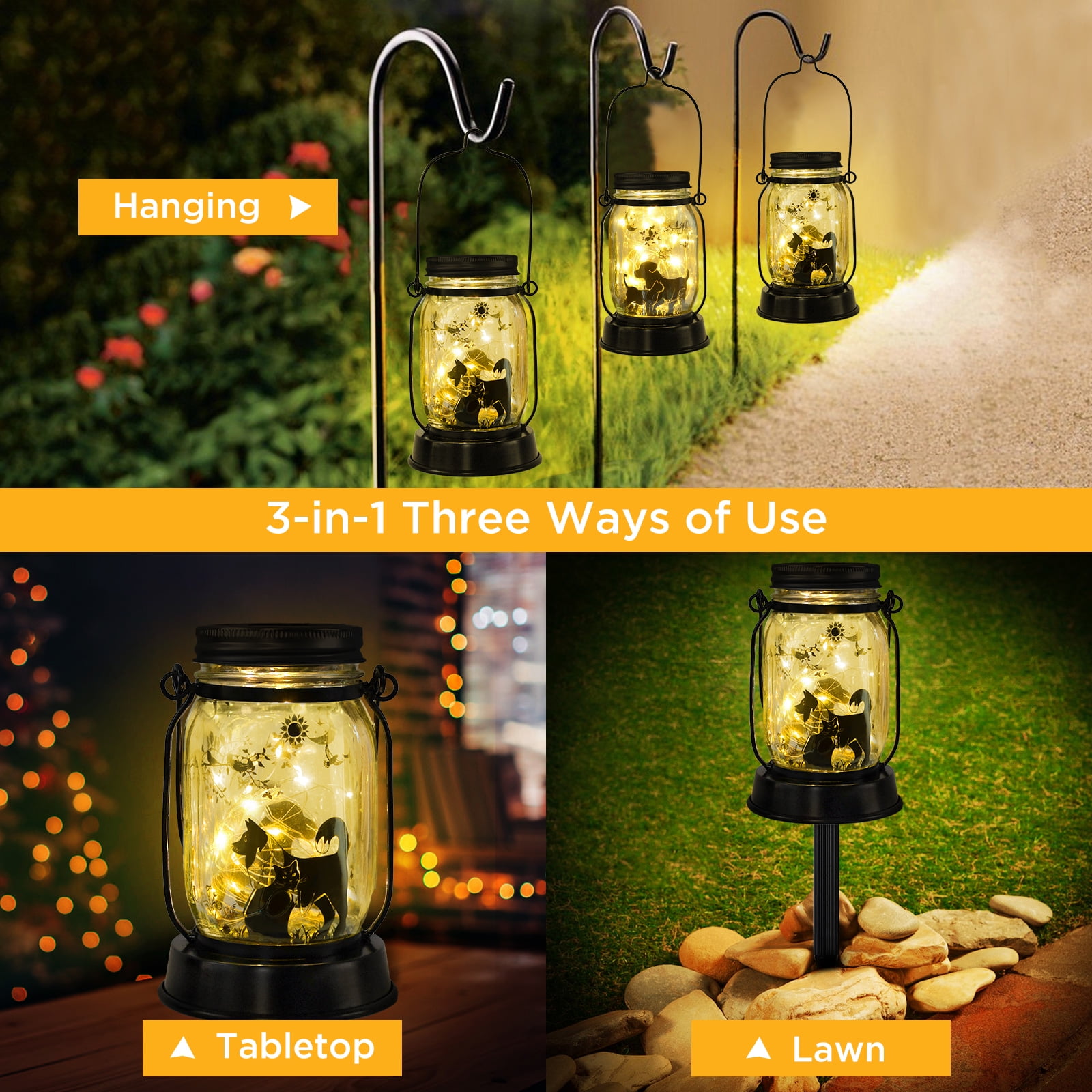 Cat and Dog Solar Lanterns Mother's Day Gift Outdoor Garden Hanging Solar Lights Fairy and Dog Lover Gifts for Women, Memorial Gifts Fairy Lights for Patio Yard Lawn Outside Decor Lamp