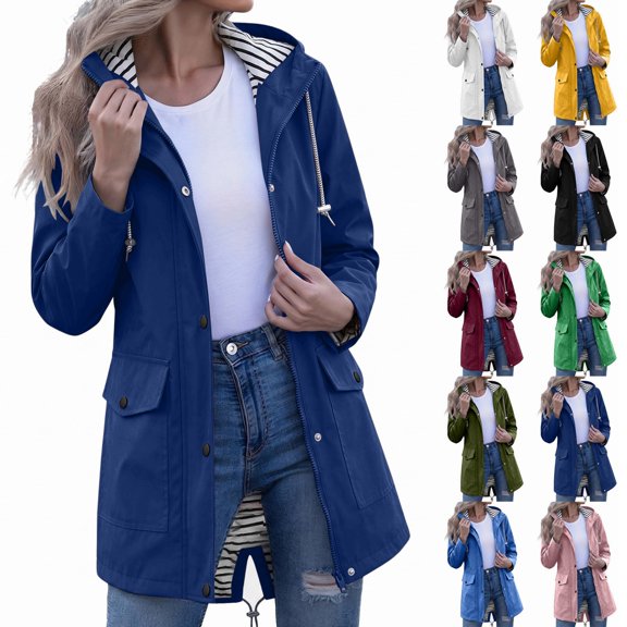 ShomPort Waterproof Jacket for Womens Outdoor Drawstring Full Zip up Hooded Stripe Lined Flap Pockets Raincoat