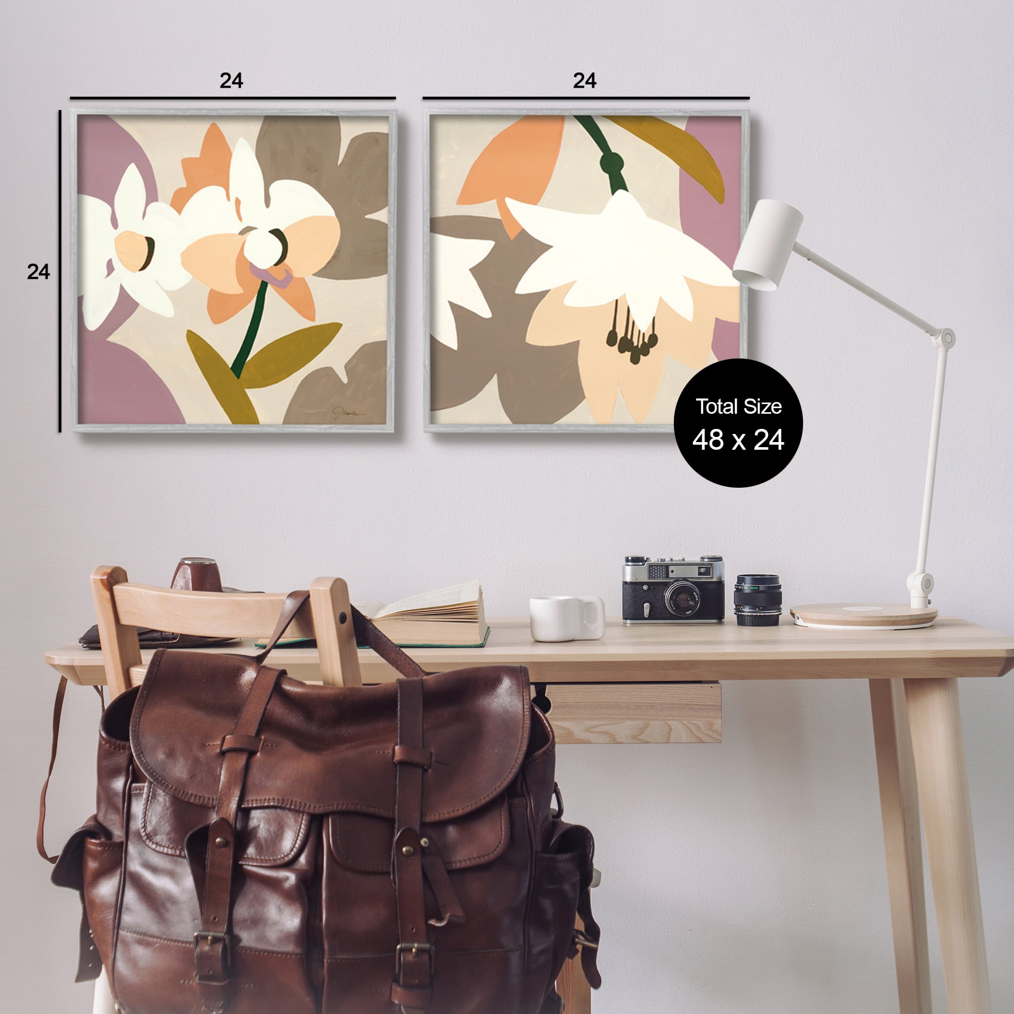 Stupell Industries Modern Geometric Orchids Botanical & Floral Painting Gray Framed Art Print Wall Art, 24 x 24, Set of 2