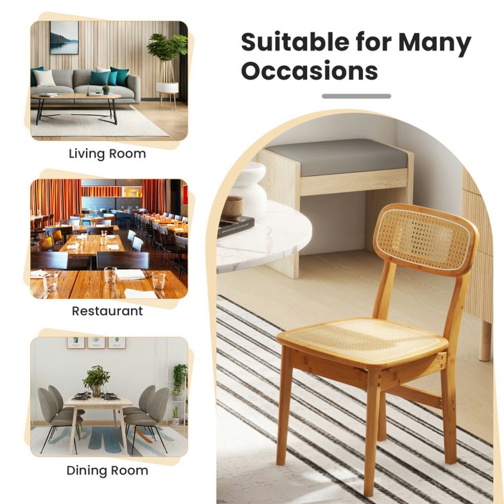 Demi Bonn Set of 2 Rattan Dining Chairs with Simulated Rattan Backrest, Bamboo Kitchen Chair, Beige