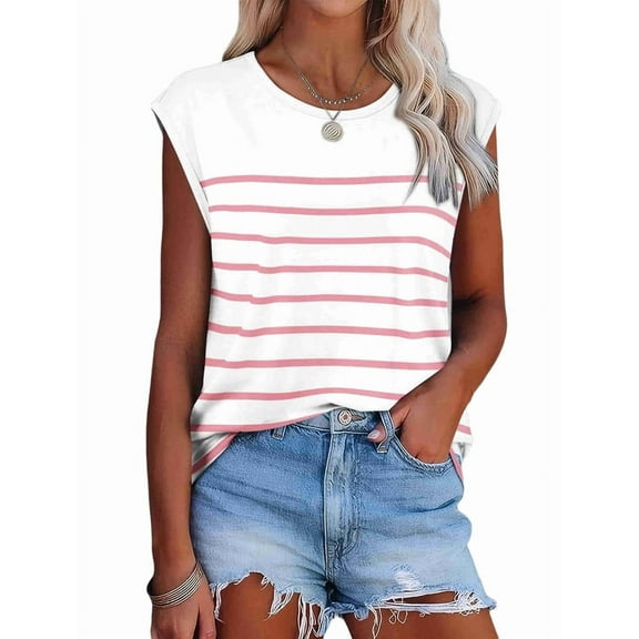 Womens Tops Dressy Casual Summer Striped Shirts Cap Sleeve Tops Color Block Loose Fit Pink and White XXL