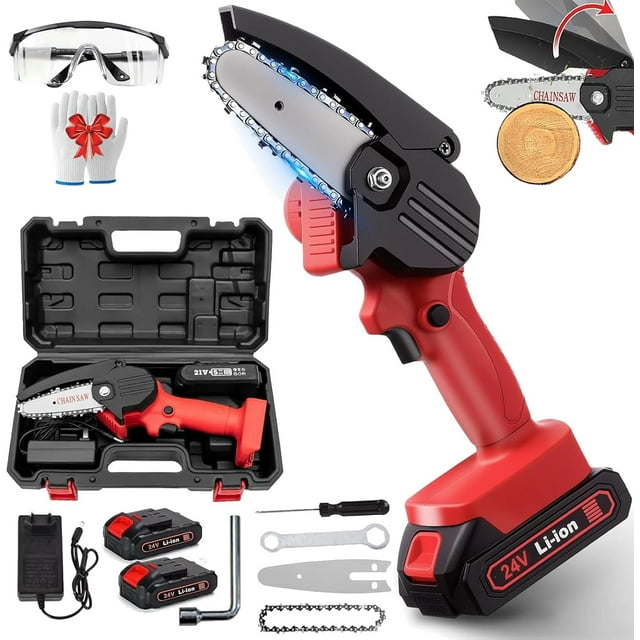 Wood Ranger Mini Chainsaw, 4 Inch Cordless Portable Handheld Electric Chain Saw, Chain Saw Battery Powered, for Yard, Home and Garden, Wood Cutting, Tree Trimming, Diyer(Red-2 Battery)