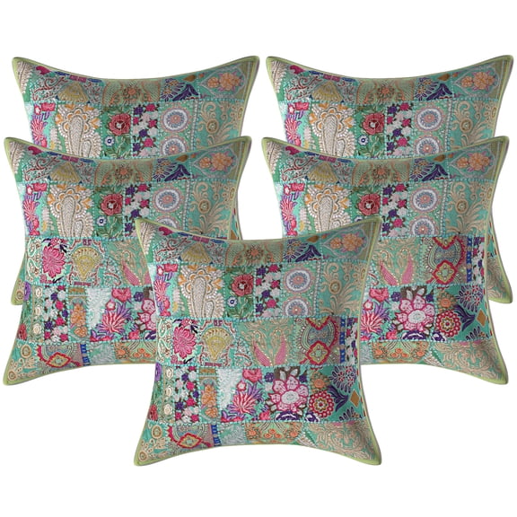 Stylo Culture Ethnic Living Room Cotton Parrot Green Large Throw Pillow Covers 24x24 Patchwork Vintage Couch And Pillow Covers Abstract Floral 60x60 cm Decorative Cushion Covers (Set Of 5)