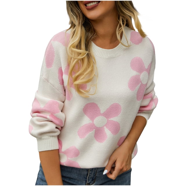 Penkiiy Women's Fall Long Puff Sleeve Sweaters 2024 Casual Crewneck Ribbed Knit Flower Color Block Loose Pullover Tops M White