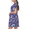 thumbnail image 2 of Gukieu Skull Purple Flower Print Women's Short Sleeve Dress, Elastic Waistband A-line with Pockets Summer Dress, Suitable for Daily Leisure, Work, Vacation, 2 of 6