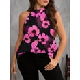 thumbnail image 3 of OYOANGLE Women's Plus Size Floral Print Halter Neck Tank Top Sleeveless Keyhole Back Blouse Black and Pink 1XL, 3 of 6
