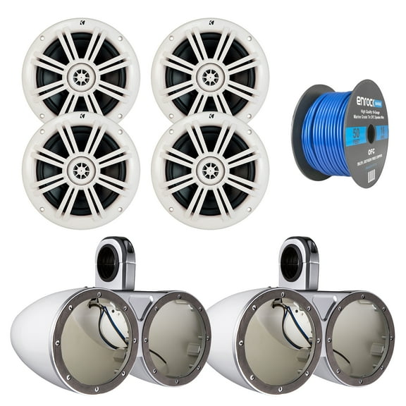 4x Kicker 6.5-Inch Marine White Coaxial Speakers, 4x Kicker Marine Tower Enclosure for Dual 6.5-Inch Drivers White, Enrock Audio Marine Grade Spool of 50 Foot 16-Gauge Speaker Wire