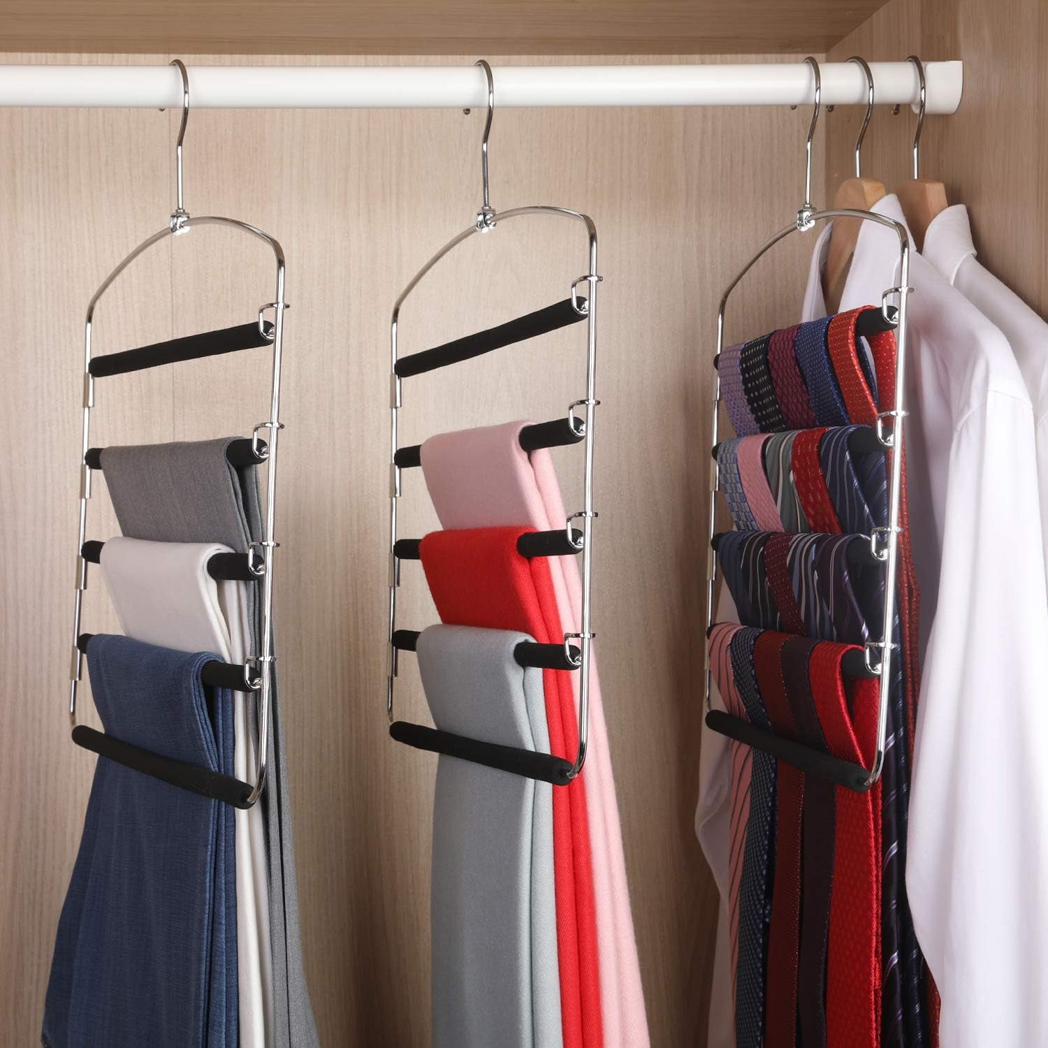 4 Pcs Black Pants Hangers,5 Tier Closet Organizers and Storage Clothes Hangers,Hangers Space Saving with Swing Arm,Multiple Metal Hangers Clothes Organization for Pants Trousers Jeans Slacks