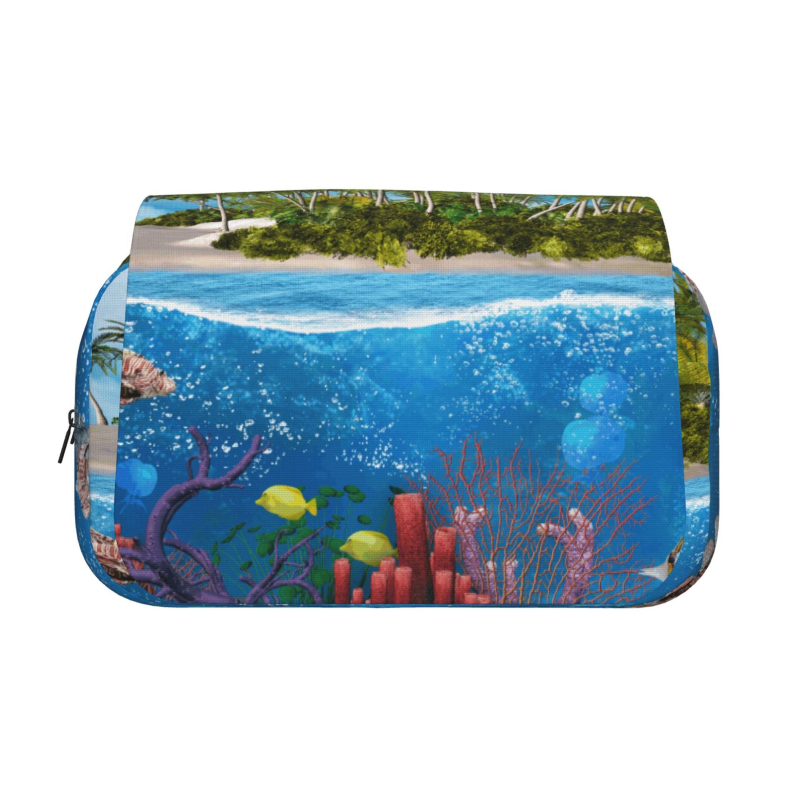 Rateoe Island And Coral Reef Pattern Double Clamshell Pen Case, Storage Organizer with Two Zipper Compartments– Holds Up to 50 Pencils & Pens