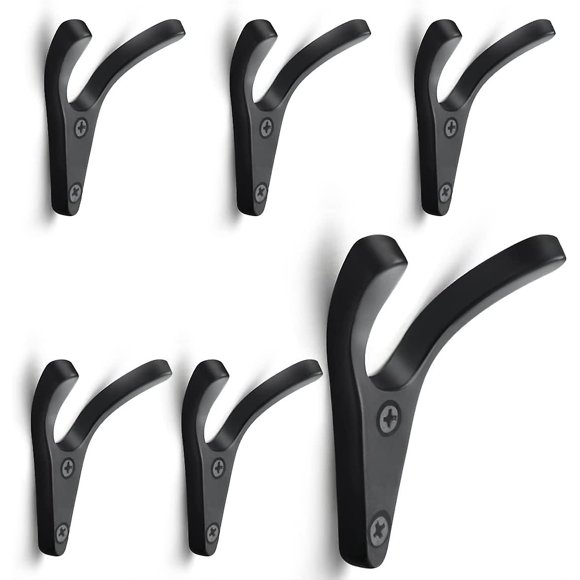 6 Pcs Double Wall Coat Hooks, Simple Wall Mounted Heavy Duty Zinc Alloy Coat Hooks With Screws - Matte Black