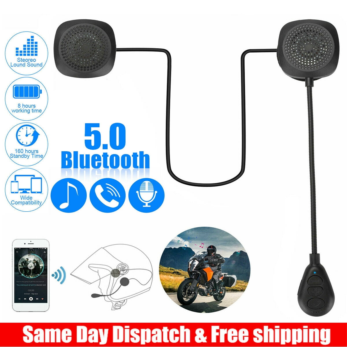 Motorcycle Helmet Headset Wireless Bluetooth 5.0 Headphone Speaker Hands-Free US 