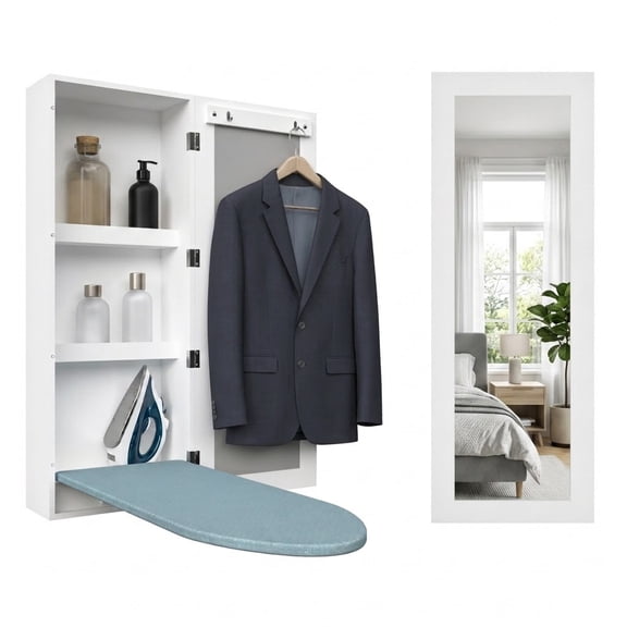 Facilehome Wall Mounted Ironing Board Cabinet with Mirror Door White Foldable Built in Storage Closet for Laundry Room Apartments