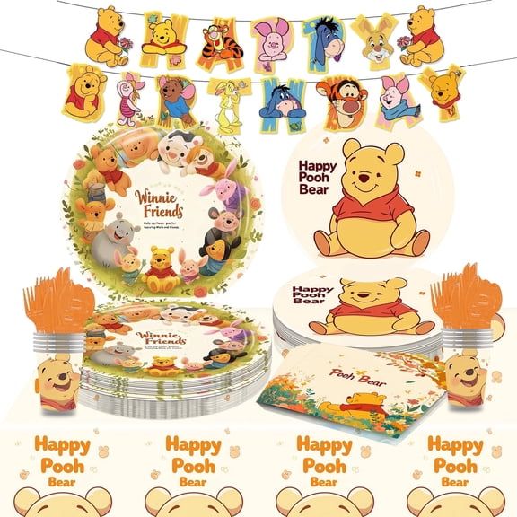 82-piece Pooh Baby Party Decor and Birthday Party Supplies Tableware Set includes baby party plates, napkins, cups, banners, tablecloths, and cutlery, perfect for themed party decorations