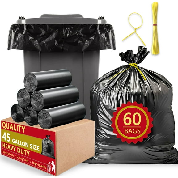 40-45 Gallon Trash Bags Size (60 Count), 2 Mil Contractors Garbage Bags, Large Garbage Bags Black, Heavy Duty Garbage with Tying Ropes