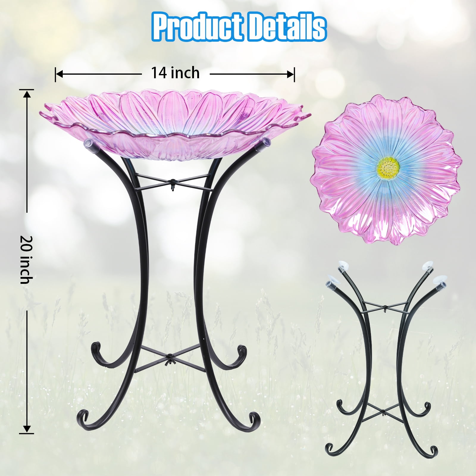 Outdoor Bird Bath, Pink Blue Flower Bird Bath with Metal Stand, Attract Birds, Suitable for Patio Garden Decoration, Outdoor Decoration