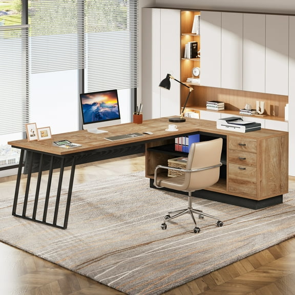 Finmind L-Shaped Desk with Cabinet, 71-Inch Office Desk with Drawers and Storage Shelves for Home Office, Oak and Black