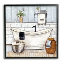Bathroom Farmhouse Style Tub Neutral Grey Drawing Typography Framed Art Print Wall Art, 17x17