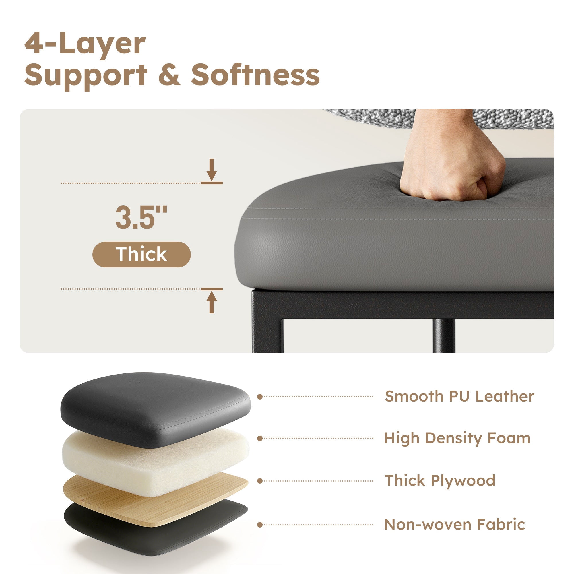 MF Studio Counter Height Bar Stool with Back Set of 3, 24.8" Modern PU Upholstered Bar Chair with Large Chenille Back and Metal Frame, Gray