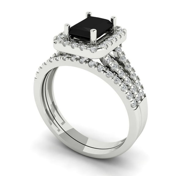 Clara Pucci 14K White Gold Emerald Cut 1Ct Natural Onyx Engagement Ring Matching Band - Luxury Box Included