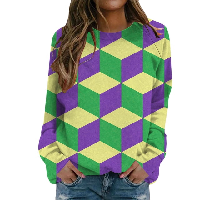 Gibobby Sudadera Mujer Moda 2024 Sudadera de carnaval de moda para mujer con cuello redondo estampado y manga larga informal sin sombrero (3)(Verde, L)
