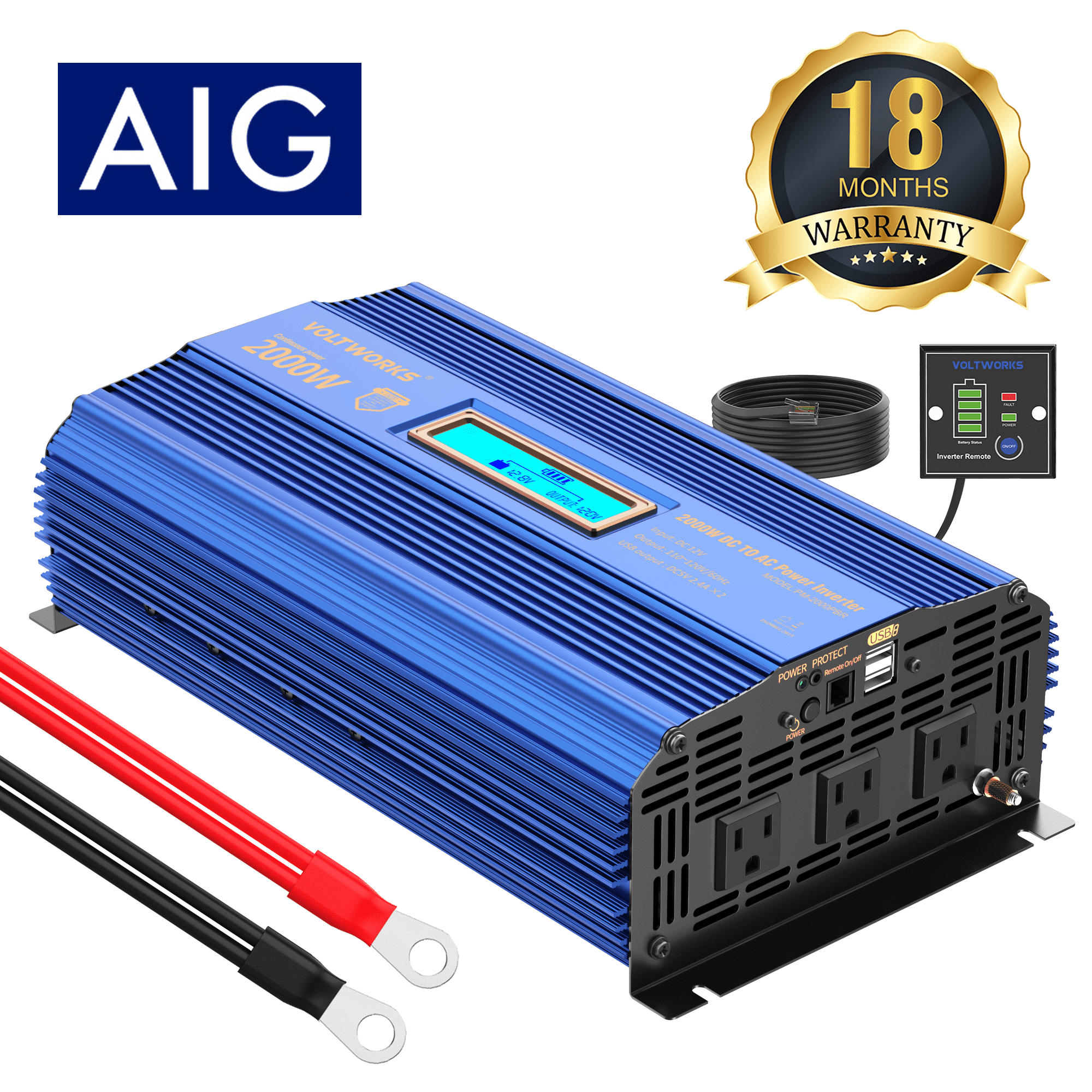 VOLTWORKS 2000W Power Inverter DC 12V to AC 110V with LCD, Remote, 2.4A