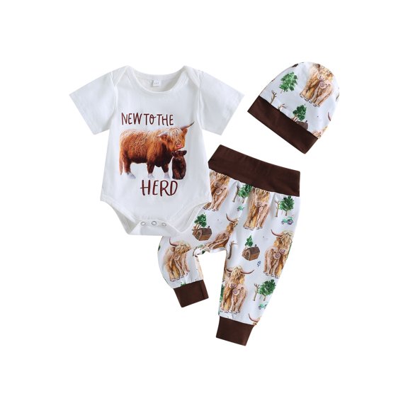 3Pcs Western Newborn Baby Boy Summer Clothes New to The Herd Onesie Cow Print Jogger Pants Cowboy Coming Home Outfit