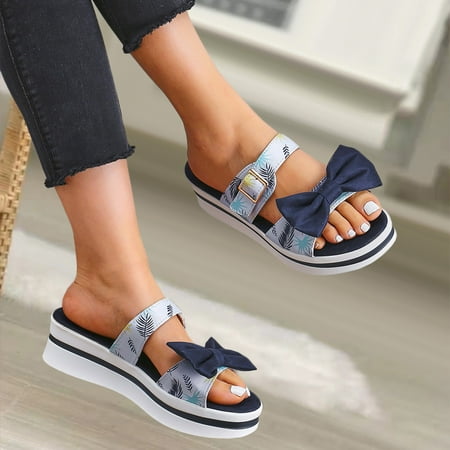 

FZM Women shoes Ladies Fashion Summer Print Cloth Bow Wedge Platform Sandals And Slippers