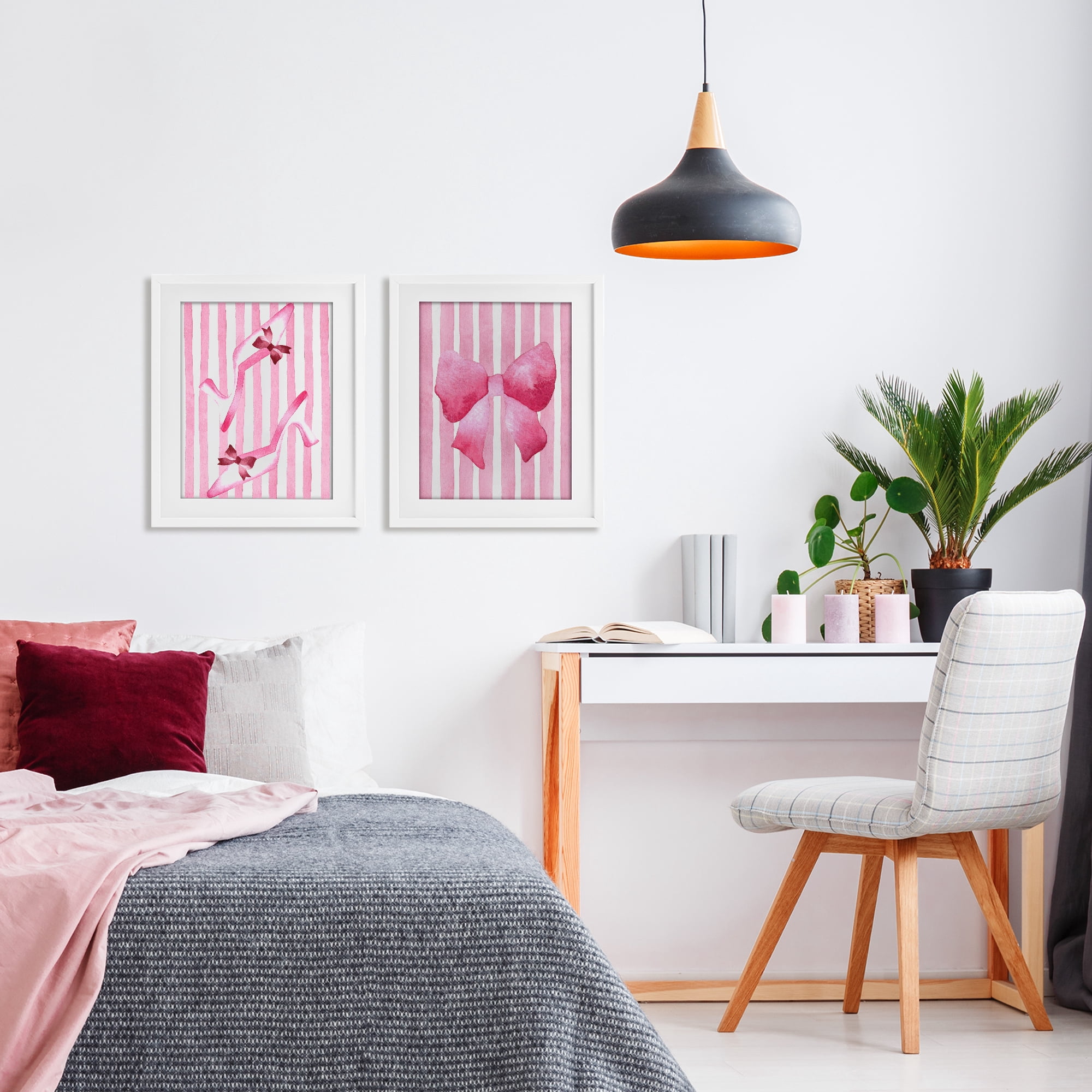 Stupell Industries Feminine Chic Bows Pink Stripes 2 Piece White Framed Print Under Glass Set, design by Camila Juncos