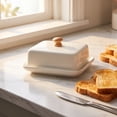 thumbnail image 5 of Ceramic Butter Dish with Lid, Covered Porcelain Food Container with Wooden Knob, Countertop Keeper for Butter Cheese Sauces Leftovers and Serving, 5 of 6