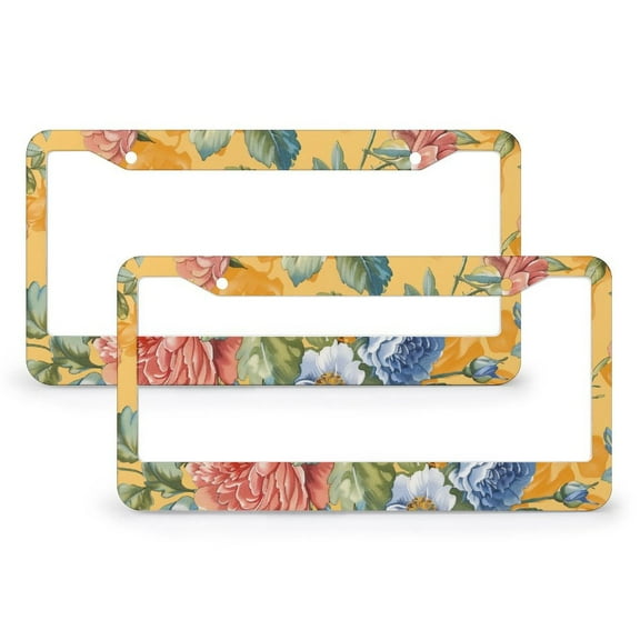 Delicate Roses And Peonies License Plate Frames 2 Pcs Set Vintage Shabby Summer Chic Farmhouse Car License Plate Frame for US And CA Aluminum License Plate Frame