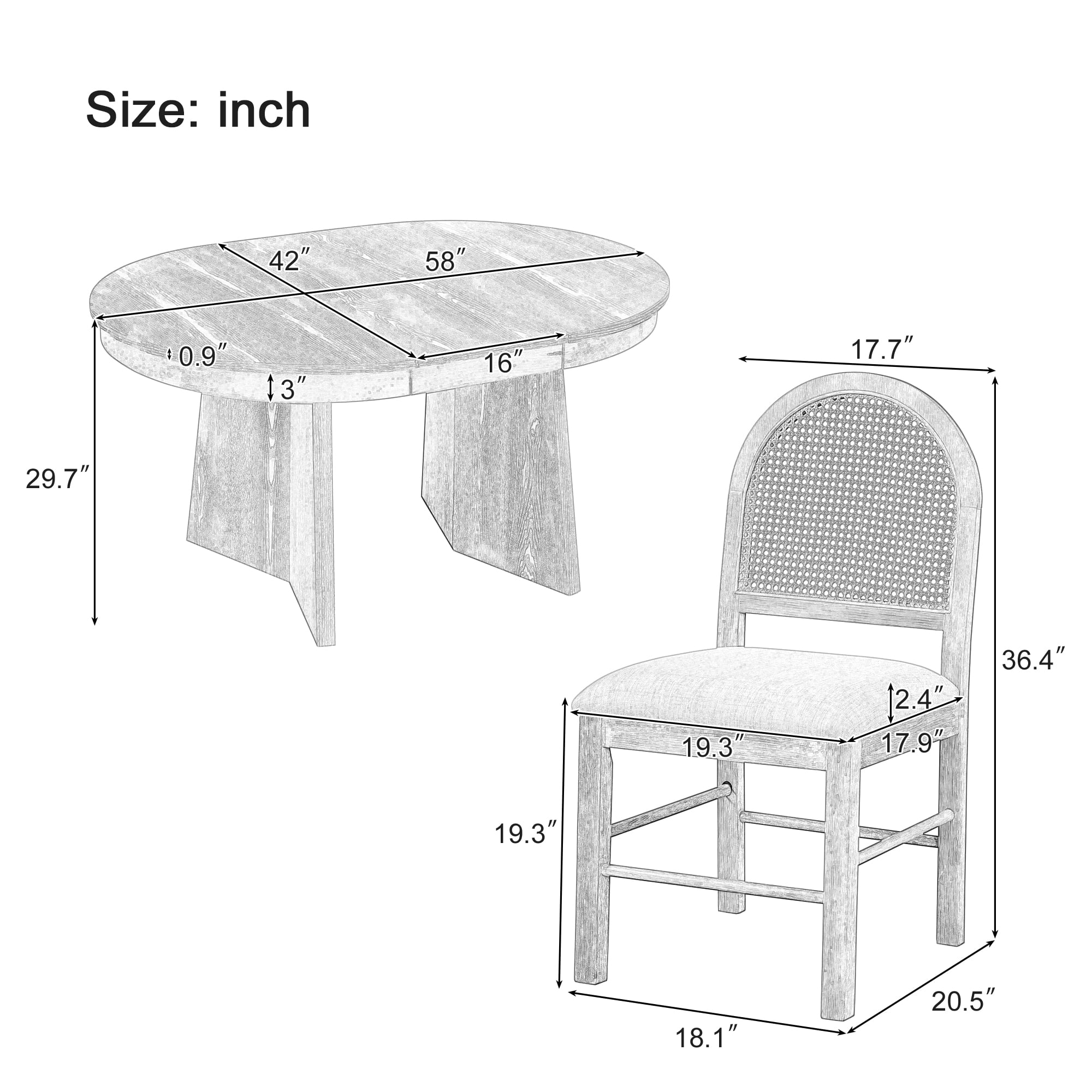 Aukfa 5-Piece Extendable Dining Table Set for 4, Kitchen Round Table with 4 Upholstered Rattan Back Chairs, Retro Dining Room Furniture, Natural Wood