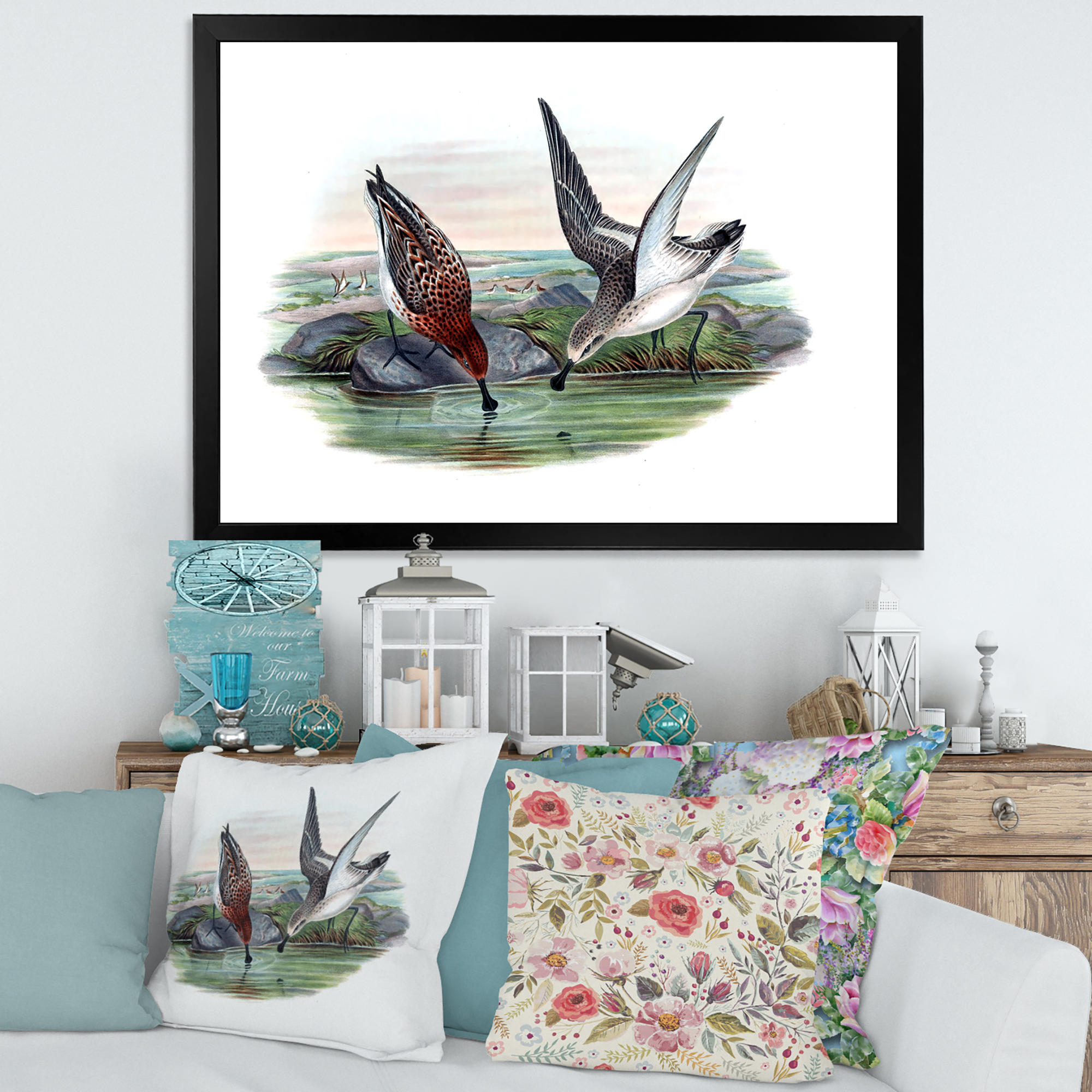 Designart 'Vintage Countryside Two Birds In Lake' Farmhouse Framed Art Print