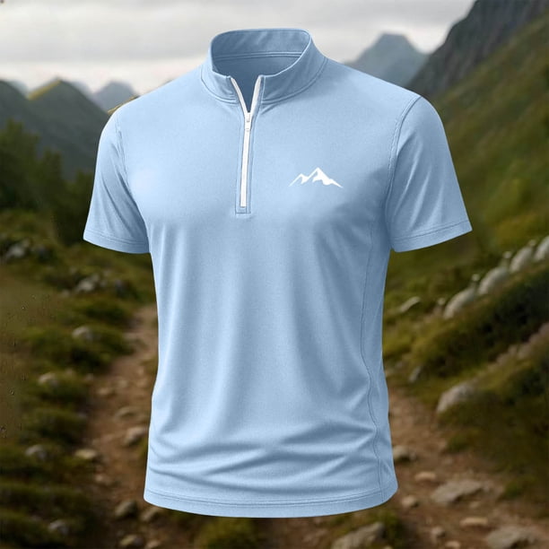 Blusa y camisa de manga corta con cuello alto para hombre, de verano, de color liso, ajustada, deportiva, con cremallera, de manga corta, con cuello alto.