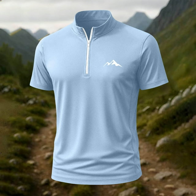 Blusa y camisa de manga corta con cuello alto para hombre, de verano, de color liso, ajustada, deportiva, con cremallera, de manga corta, con cuello alto.