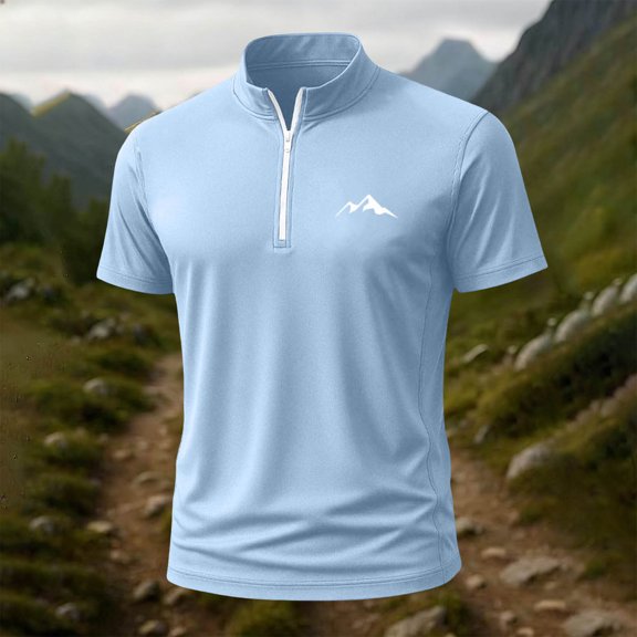 Vmvidoty Workwear Men's Short Sleeve Pocket T-Shirt Fitting Sport Train Zipper Stand Up Collar Top Light Blue L