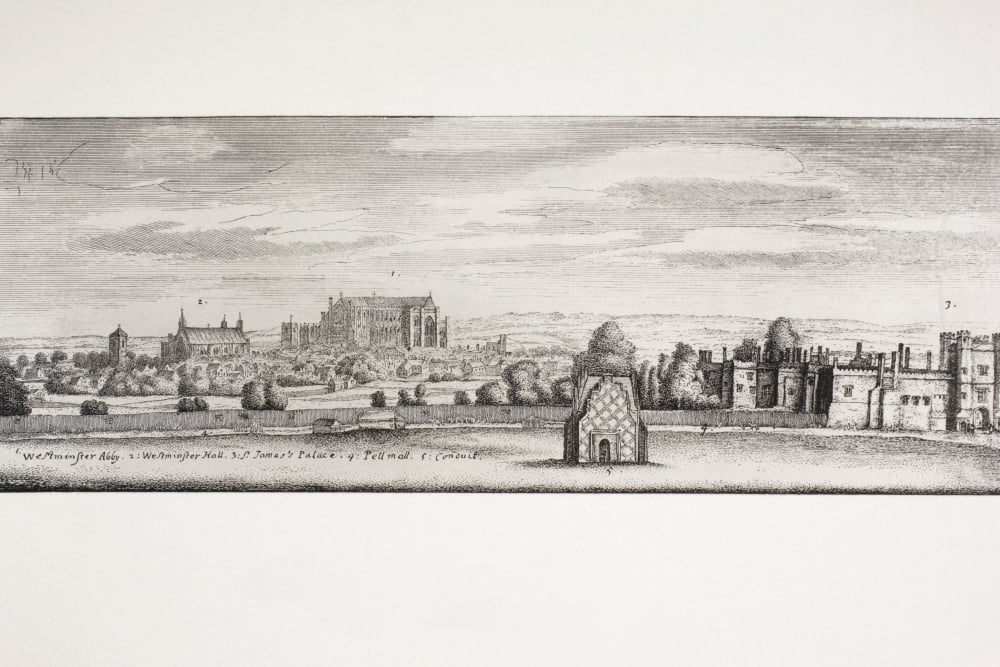 London England St Jamess Palace Westminster Hall And Pall Mall In 1660 From A Contemporary Drawing From Memoirs Of The Martyr King By Allan Fea Published 1905 Canvas Art - Ken Welsh Design Pics (18 x