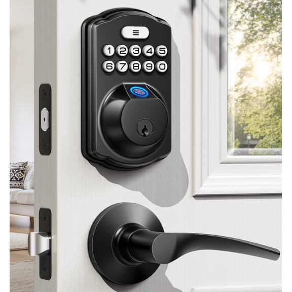 Veise Keyless Entry Door Lock with 2 Lever Handles, Fingerprint Door Lock, Digital Keypad Deadbolt, Easy Installation, Matte Black