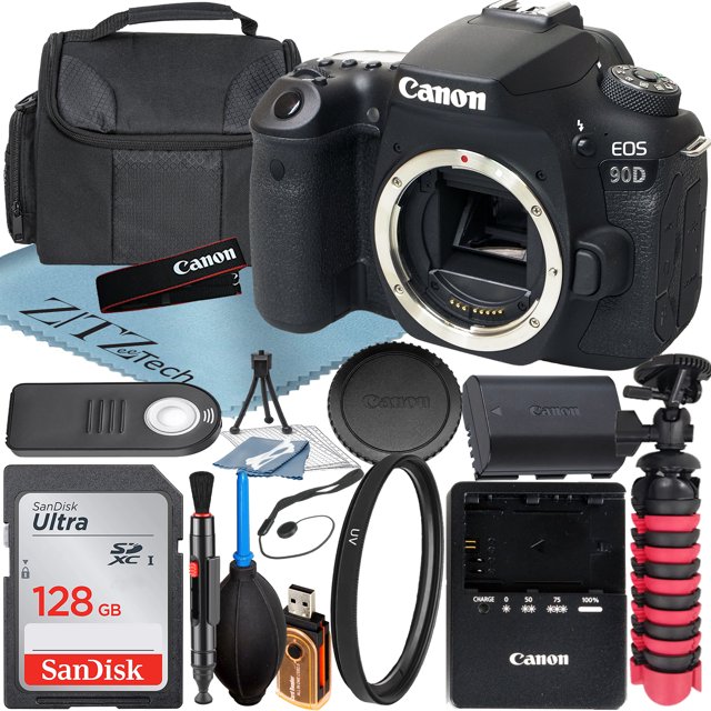 Canon EOS 90D Cámara DSLR Solo Cuerpo con Sensor CMOS de 32.5MP Tarjeta de Memoria SanDisk de 128GB Estuche Filtro UV Paquete de Accesorios ZeeTech