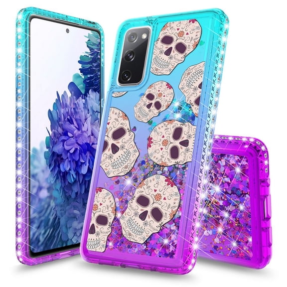 Bemz Liquid Quicksand Case for Samsung Galaxy S20 FE (with Touch Tool) - Sugar Skulls (Teal/Purple)
