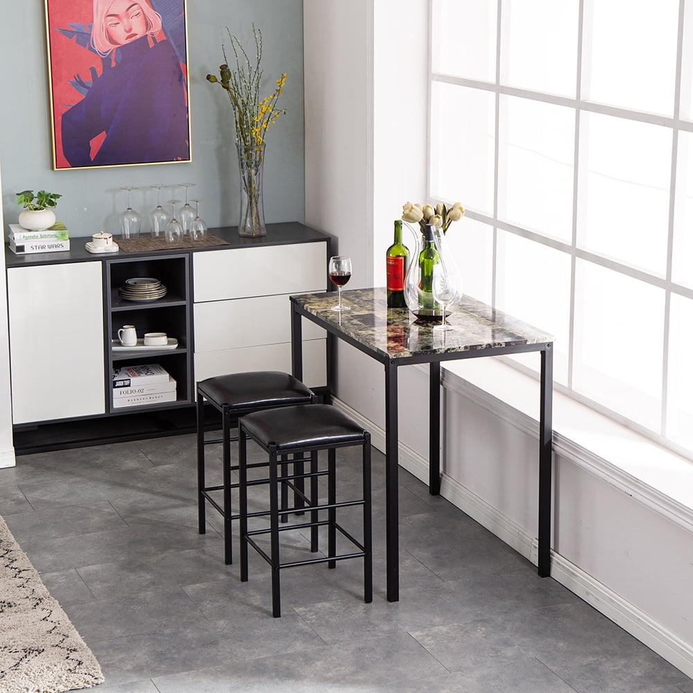 Lowestbest Marble Face High Dining Table and Chair, Cushion Black 3 Piece Set 1 Table 2 Chairs Lowestbest Marble Face High Dining Table and Chair, Cushion Black 3 Piece Set 1 Table 2 Chairs